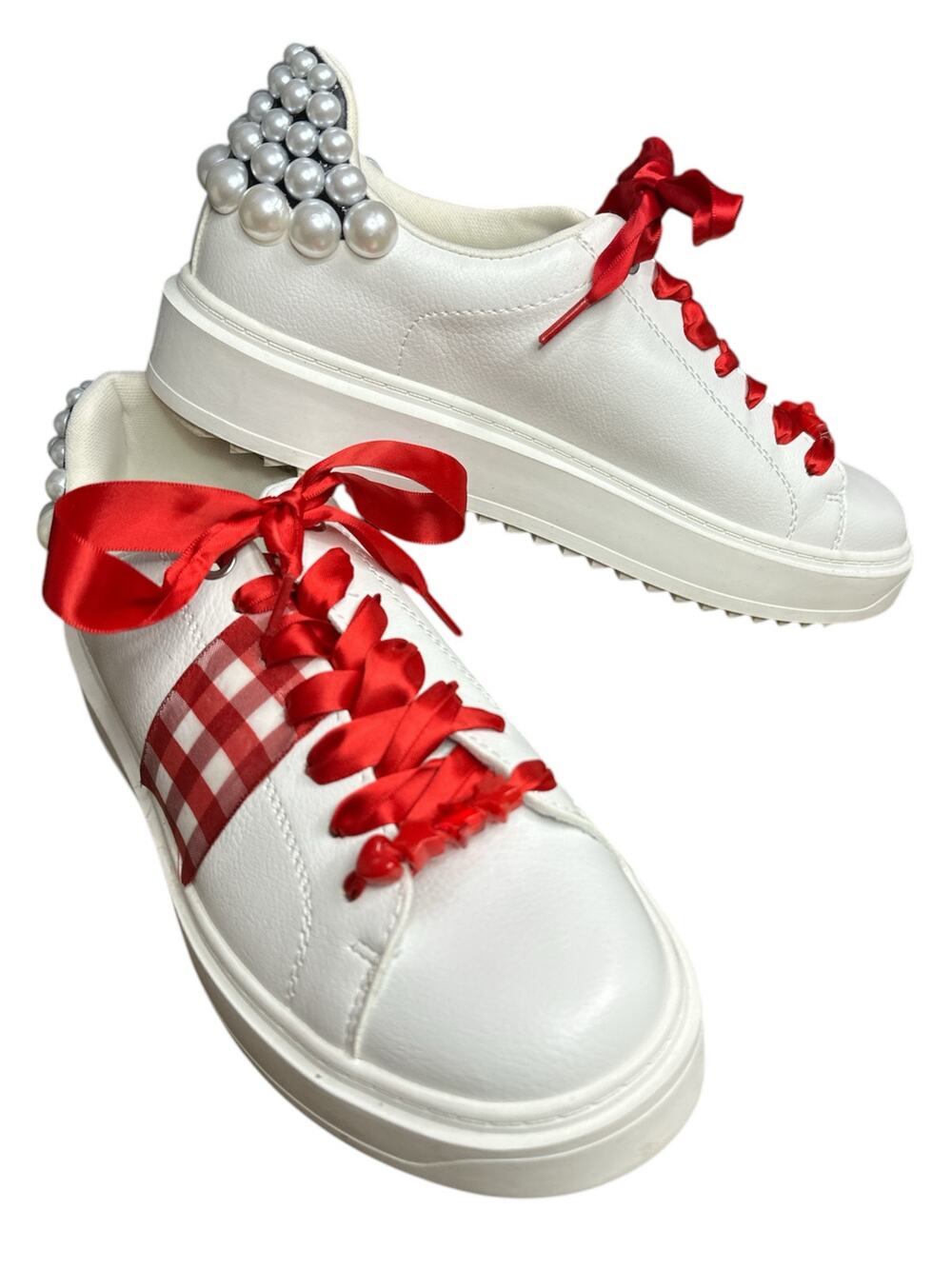 Steve Madden Red White Lace Up Plaid Pearl Valentines Platform Sneaker Size 9.5